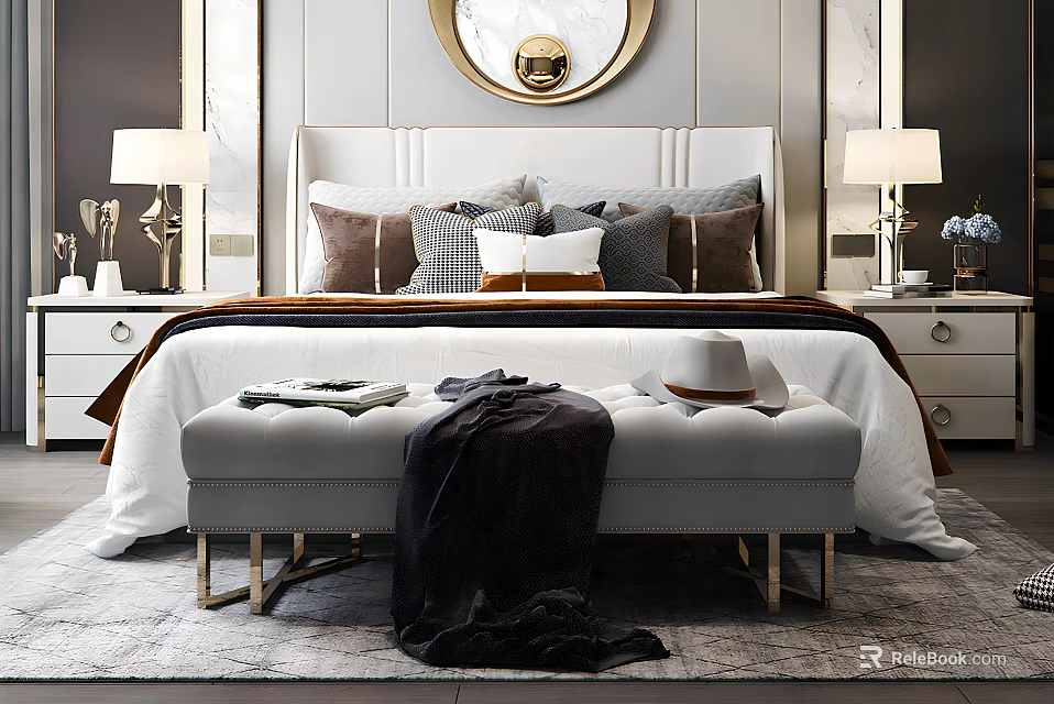 Luxurious Modern Double Bed with Upholstered Headboard Plush Pillows Bench at Foot Nightstand and Lamp 3d model 