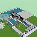 Modern Glass House Exterior with Swimming Pool and Night View Lighting