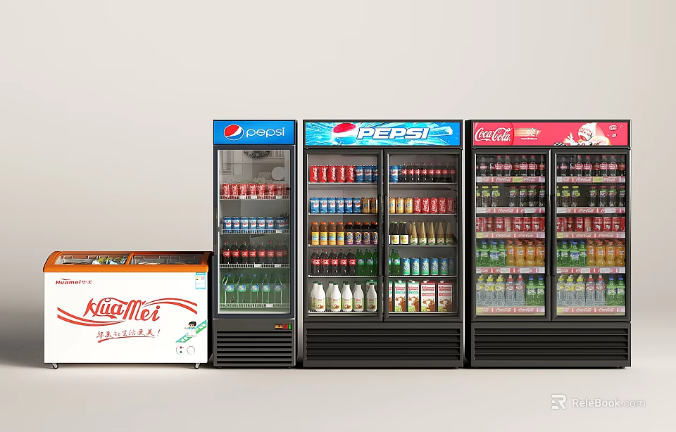 Beverage Display Refrigerators And Freezers Stocked With Pepsi Coca-Cola Nescafé Drinks 3d model 