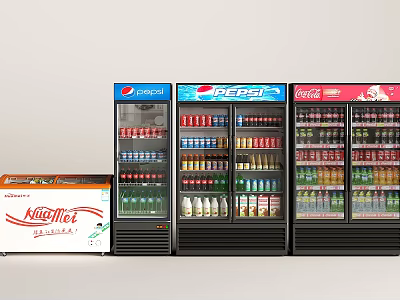 Beverage Display Refrigerators And Freezers Stocked With Pepsi Coca-Cola Nescafé Drinks 3d model