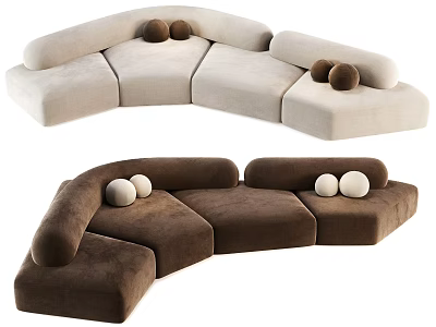 Curved Multi Seater Sofa with Round Cushions in Light and Dark Colors 3d model