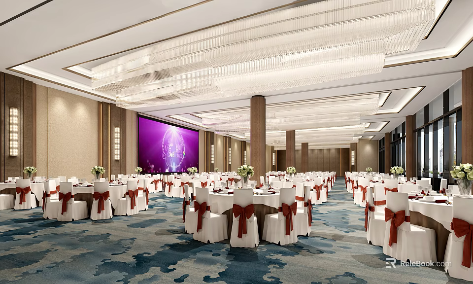 Elegant Banquet Hall Interior With Round Tables Red White Chair Covers Chandeliers And Large Screen 3d model 