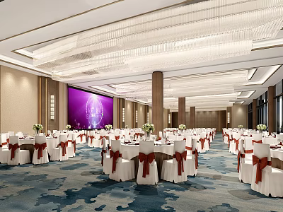 Elegant Banquet Hall Interior With Round Tables Red White Chair Covers Chandeliers And Large Screen 3d model