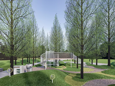 Outdoor Children's Play Area With Tall Trees Green Grass And Play Structures 3d model