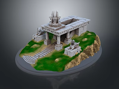Ancient Stone Architecture Model With Porch Columns Statues And Green Grass Steps 3d model