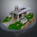 Ancient Stone Architecture Model With Porch Columns Statues And Green Grass Steps 3d model