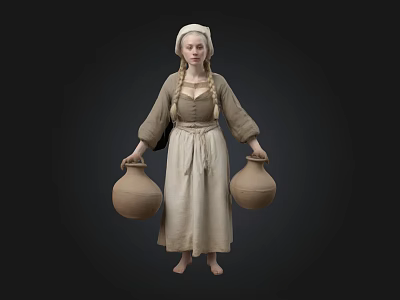 Historical Female Figure In Traditional Costume With White Headscarf Braided Hair Carrying Clay Pots 3d model