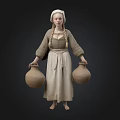 Historical Female Figure In Traditional Costume With White Headscarf Braided Hair Carrying Clay Pots