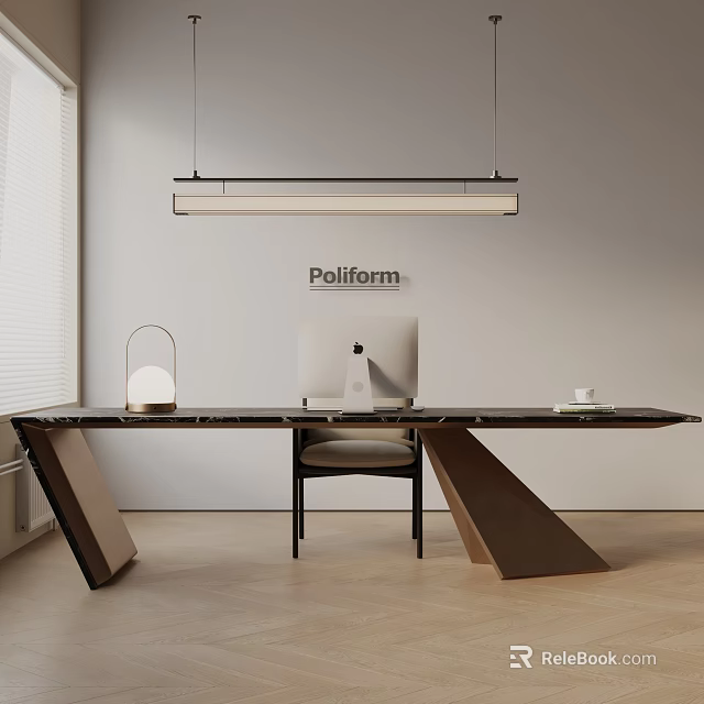 Modern Long Dining Table Set With Sleek Chair Table Lamp Coffee Cup And Computer 3d model 