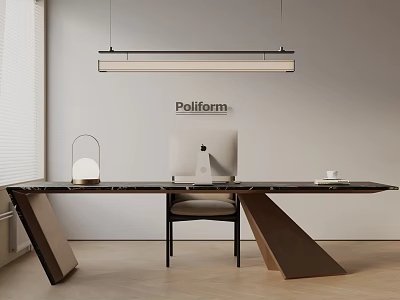 Modern Long Dining Table Set With Sleek Chair Table Lamp Coffee Cup And Computer 3d model