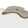 Cream-colored Abstract-shaped Sofa with Soft Cushions Wooden Frame and Small Green Plant Decoration