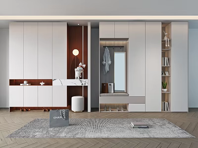 Modern Shoe Cabinet Design With White Storage Wooden Accents Mirror And Hanging Area 3d model