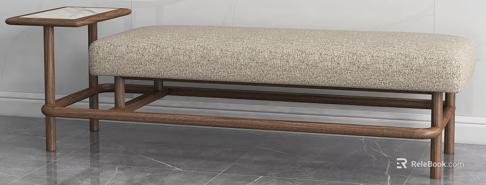Modern Beige Fabric Ottoman With Wooden Frame For Living Room Decor 3d model 