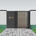 Modern Slatted Entry Gate With Gray Wall Green Shrubs Stone Pathway And House Number