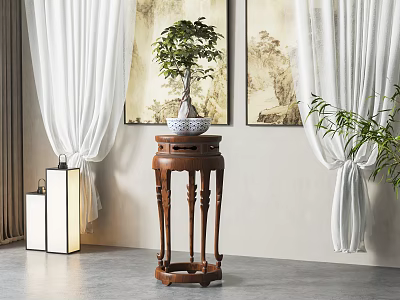 Wooden Plant Stand With Bonsai In Room With Paintings Curtains Lamps 3d model
