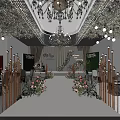 Elegant Banquet Hall With Chandelier Greenery Ceiling Floral Decorations White Aisle And Golden Pillars