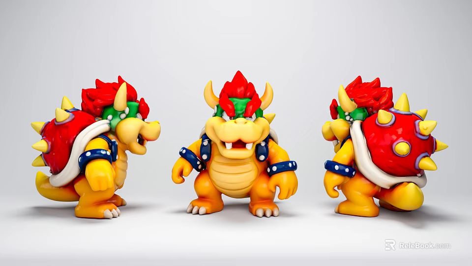 Bowser Game Character Action Figures In Three Angles With Red Mane And Spiked Shell 3d model