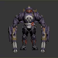 Purple Armored Mechanical Character With Dual Weapons Red Accents And Horned Head Design