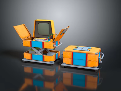 Retro Computer System With Orange Case CRT Monitor And Modular Accessory Case Design 3d model