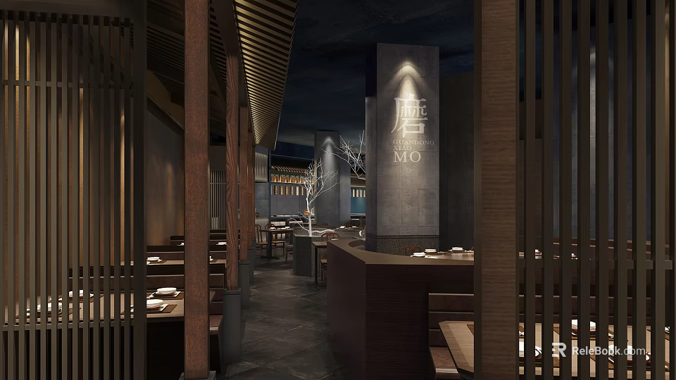 MO Restaurant Interior Featuring Wooden Partitions Stone Pillar Ceiling Lights And Dining Tables 3d model 