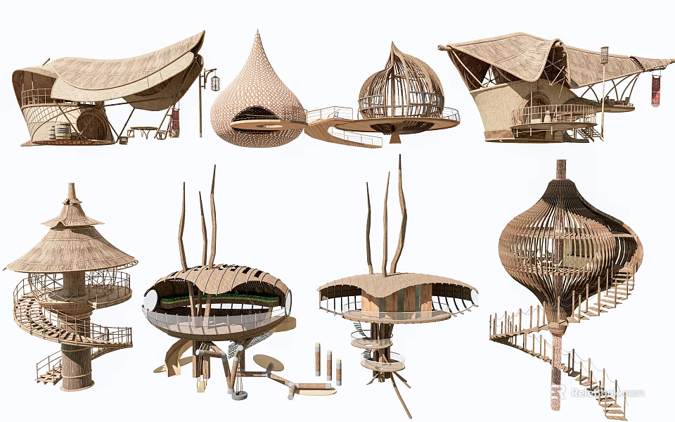 Unique Wooden Houses With Creative Shapes Spiral Stairs And Dome Structures 3d model 