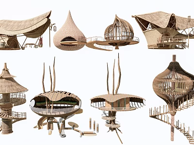 Unique Wooden Houses With Creative Shapes Spiral Stairs And Dome Structures 3d model
