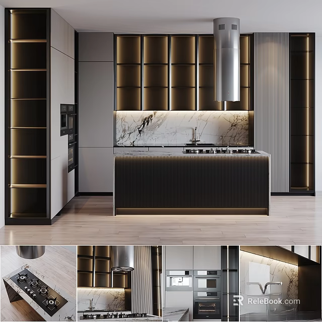 Modern Kitchen Interior With Dark Cabinets Lighting Marble Countertop And Island 3d model 
