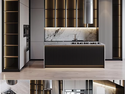 Modern Kitchen Interior With Dark Cabinets Lighting Marble Countertop And Island 3d model