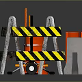 Road Construction Safety Equipment Including Red Barrel Yellow Warning Sign Traffic Cone And Striped Barriers