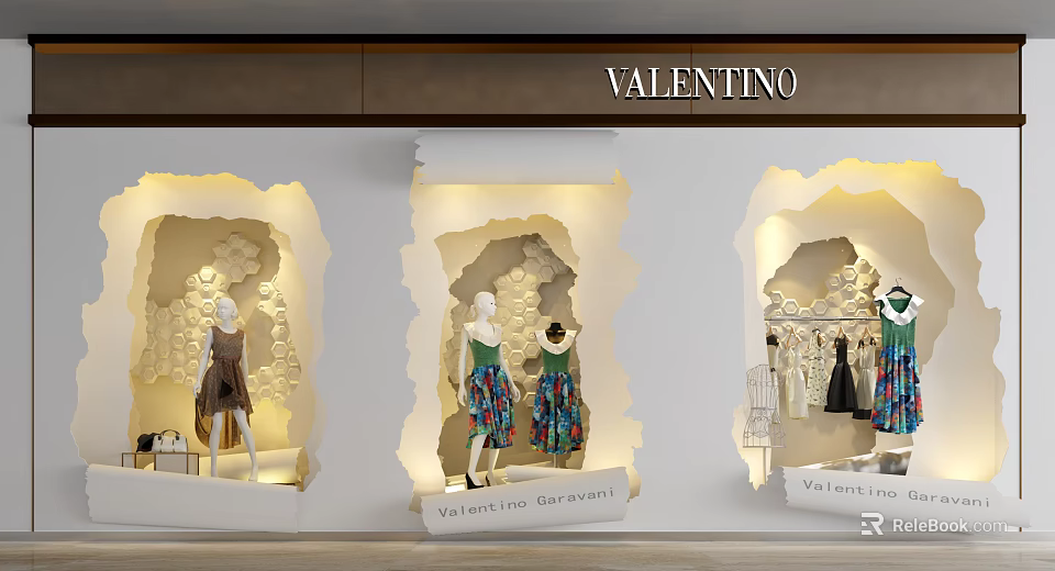 Valentino Store Window Display With Mannequins In Stylish Clothing And Floral Decorative Background 3d model 