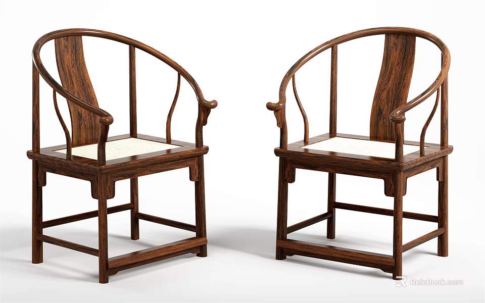 Two Traditional Wooden Leisure Chairs with Curved Backrest Armrests and Light Colored Cushions 3d model 