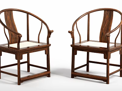 Two Traditional Wooden Leisure Chairs with Curved Backrest Armrests and Light Colored Cushions 3d model