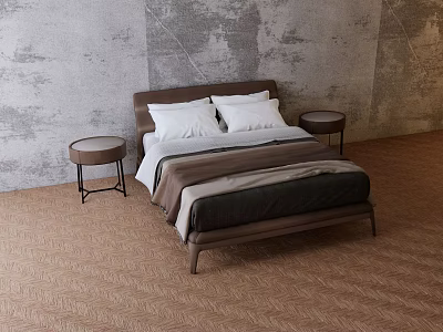 Modern Double Bed With Brown Headboard White Pillows And Side Tables On Textured Wall Background 3d model