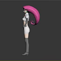 3D Cartoon Character Model With Pink Hair Green Eyes White Tshirt And Red R Letter