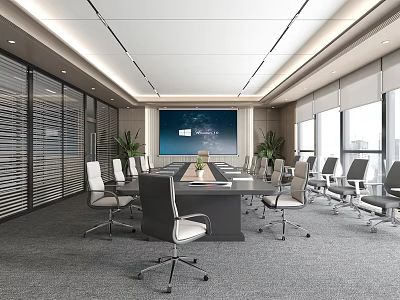 Modern Conference Room With Long Meeting Table Chairs Large Screen And Floor to Ceiling Windows 3d model