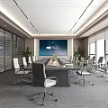 Modern Conference Room With Long Meeting Table Chairs Large Screen And Floor to Ceiling Windows