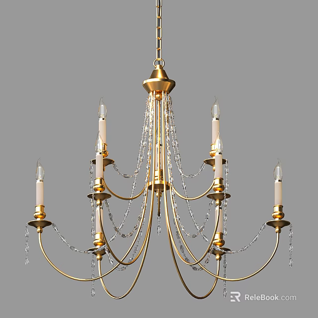 Elegant Gold Chandelier With Candle Shaped Bulbs And Crystal Chains 3d model 