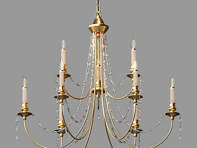 Elegant Gold Chandelier With Candle Shaped Bulbs And Crystal Chains 3d model