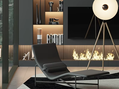 Black Leather Lounge Chair In Modern Interior With Fireplace And Floor Lamp 3d model