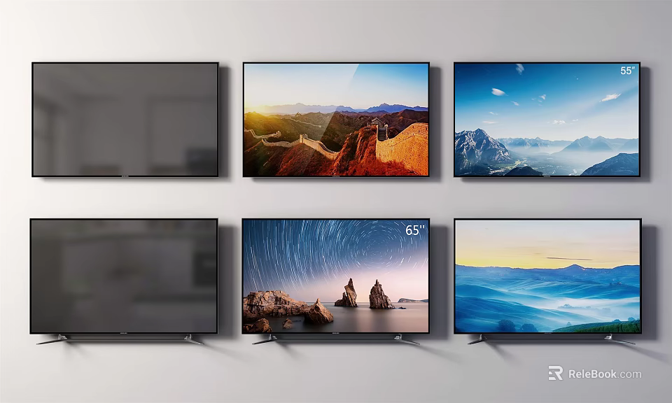 Multiple Wall Mounted Televisions With Various Scenic Displays And 55 Inch Screens 3d model 
