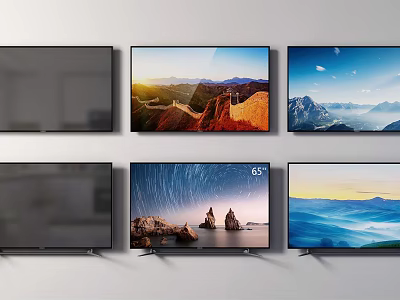 Multiple Wall Mounted Televisions With Various Scenic Displays And 55 Inch Screens 3d model