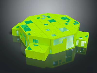 Cartoon Scene Featuring Bright Green Geometric Building With Multiple Windows And Unique Roofs 3d model