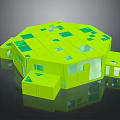 Cartoon Scene Featuring Bright Green Geometric Building With Multiple Windows And Unique Roofs