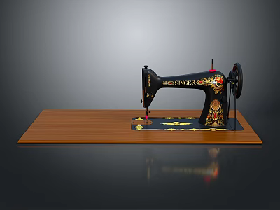 Vintage Singer Sewing Machine With Decorative Design On Wooden Platform 3d model