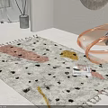 White Square Area Rug With Pink Yellow Black Spots And Fringed Edges In Modern Room