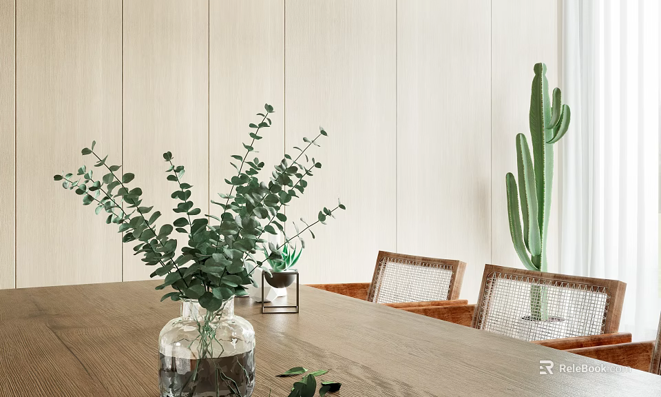 Glass Vase With Eucalyptus Leaves In Dining Room With Chairs 3d model 