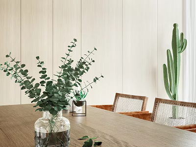 Glass Vase With Eucalyptus Leaves In Dining Room With Chairs 3d model