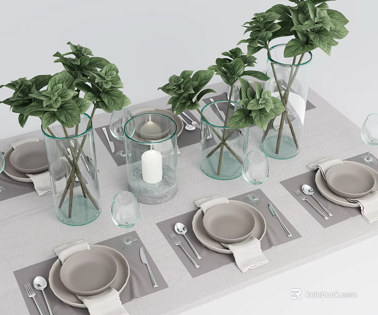 Tableware Set With Gray Plates Glass Vases Green Plants And Cutlery On Dining Table 3d model 