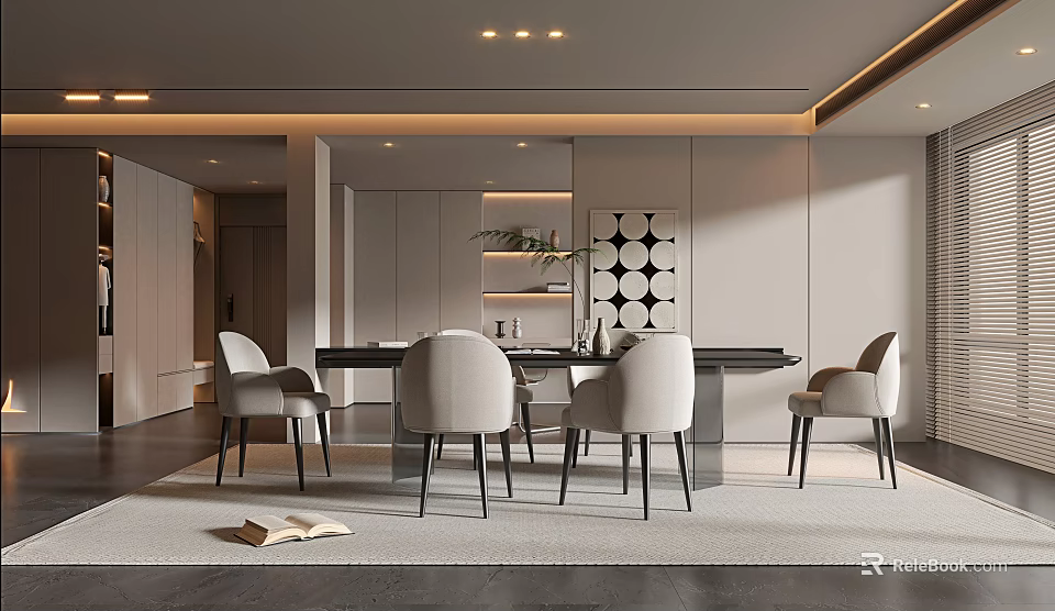 Elegant Modern Restaurant Interior With Stylish Dining Table Comfortable Chairs And Soft Lighting 3d model