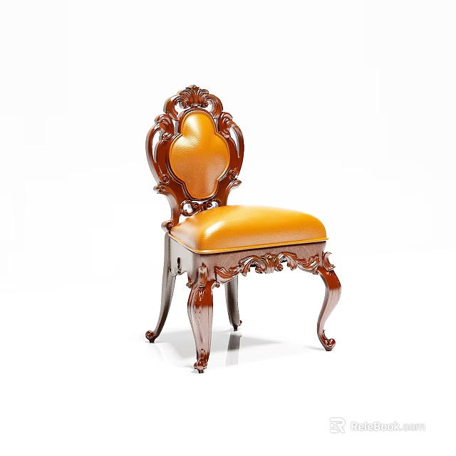 Classic Wooden Dining Chair With Carved Backrest And Orange Leather Seat 3d model 
